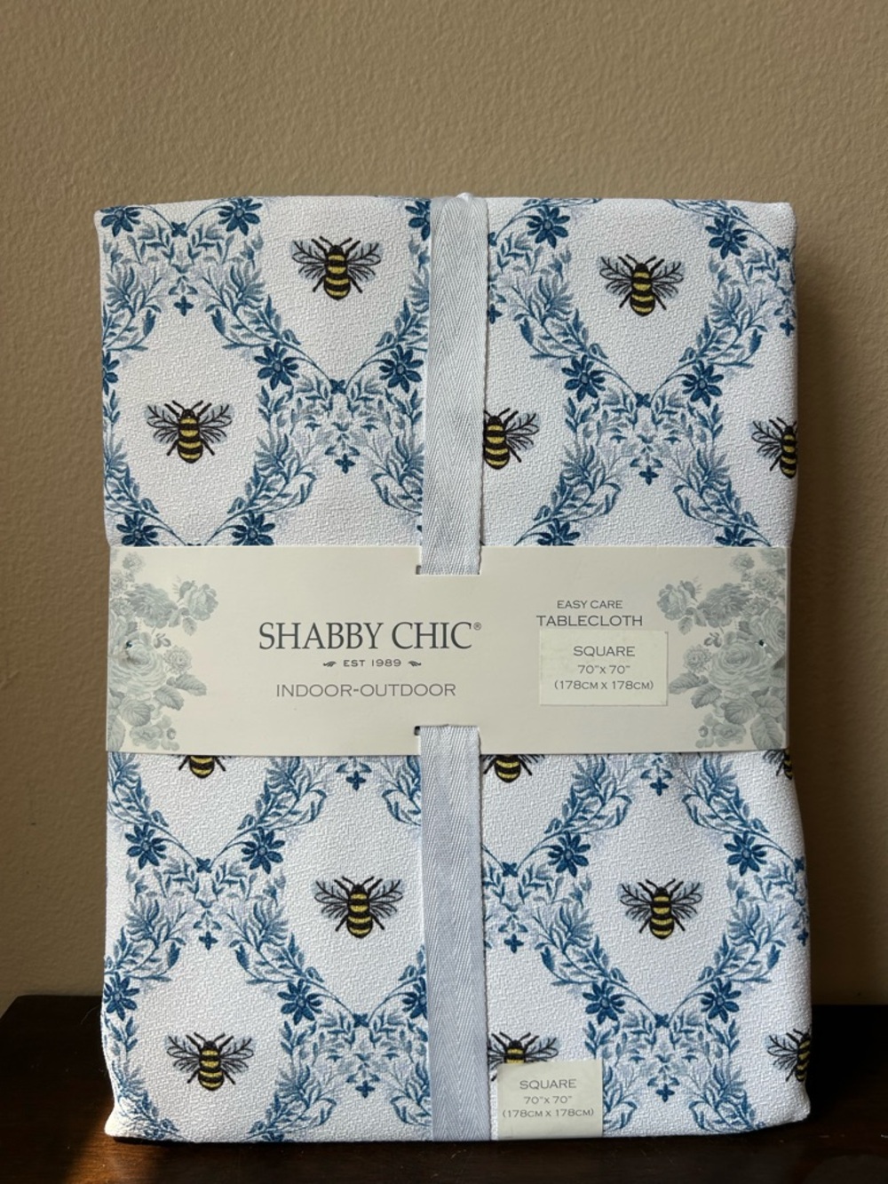Shabby Chic Tablecloth New Easter  Floral Bumblebee 70” X 70” Square Blue